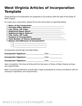 Valid Articles of Incorporation Template for West Virginia State