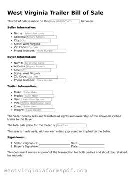 Valid Trailer Bill of Sale Template for West Virginia State