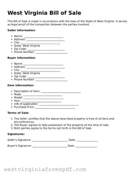 Valid Bill of Sale Template for West Virginia State