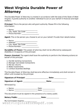 Valid Durable Power of Attorney Template for West Virginia State