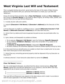 Valid Last Will and Testament Template for West Virginia State