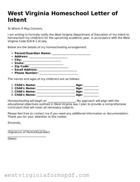 Valid Homeschool Letter of Intent Template for West Virginia State