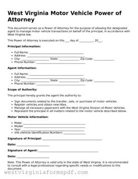Valid Motor Vehicle Power of Attorney Template for West Virginia State