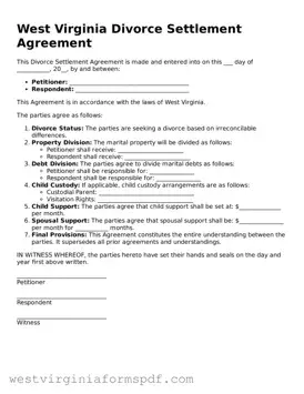 Valid Divorce Settlement Agreement Template for West Virginia State
