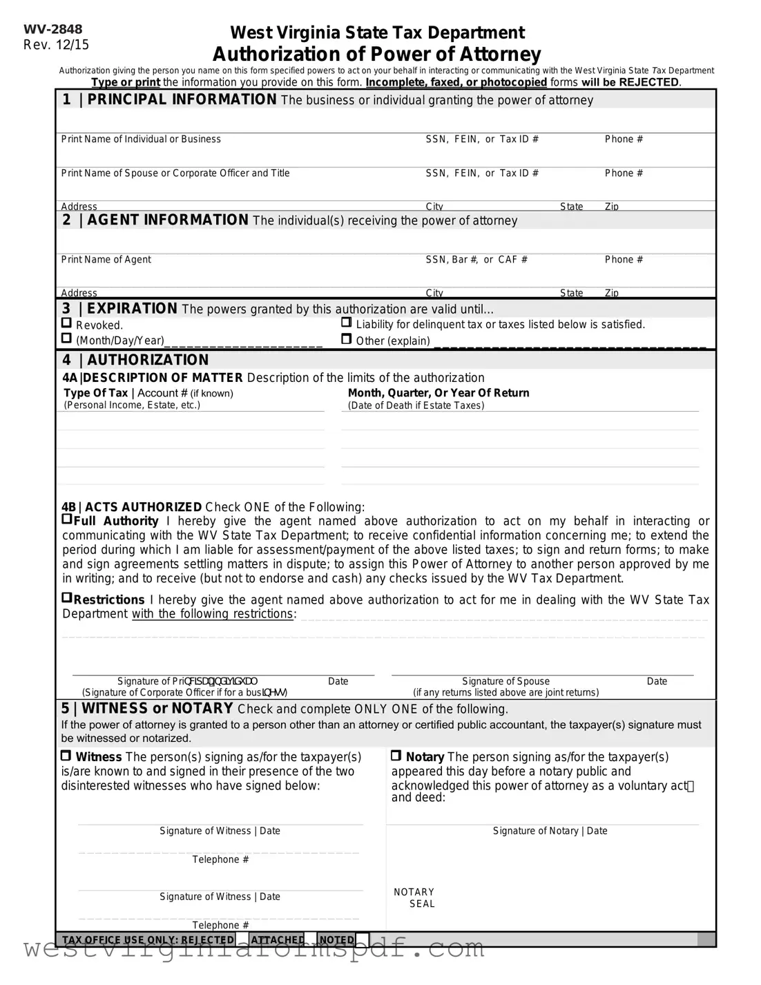 Blank Tax POA wv-2848 PDF Template