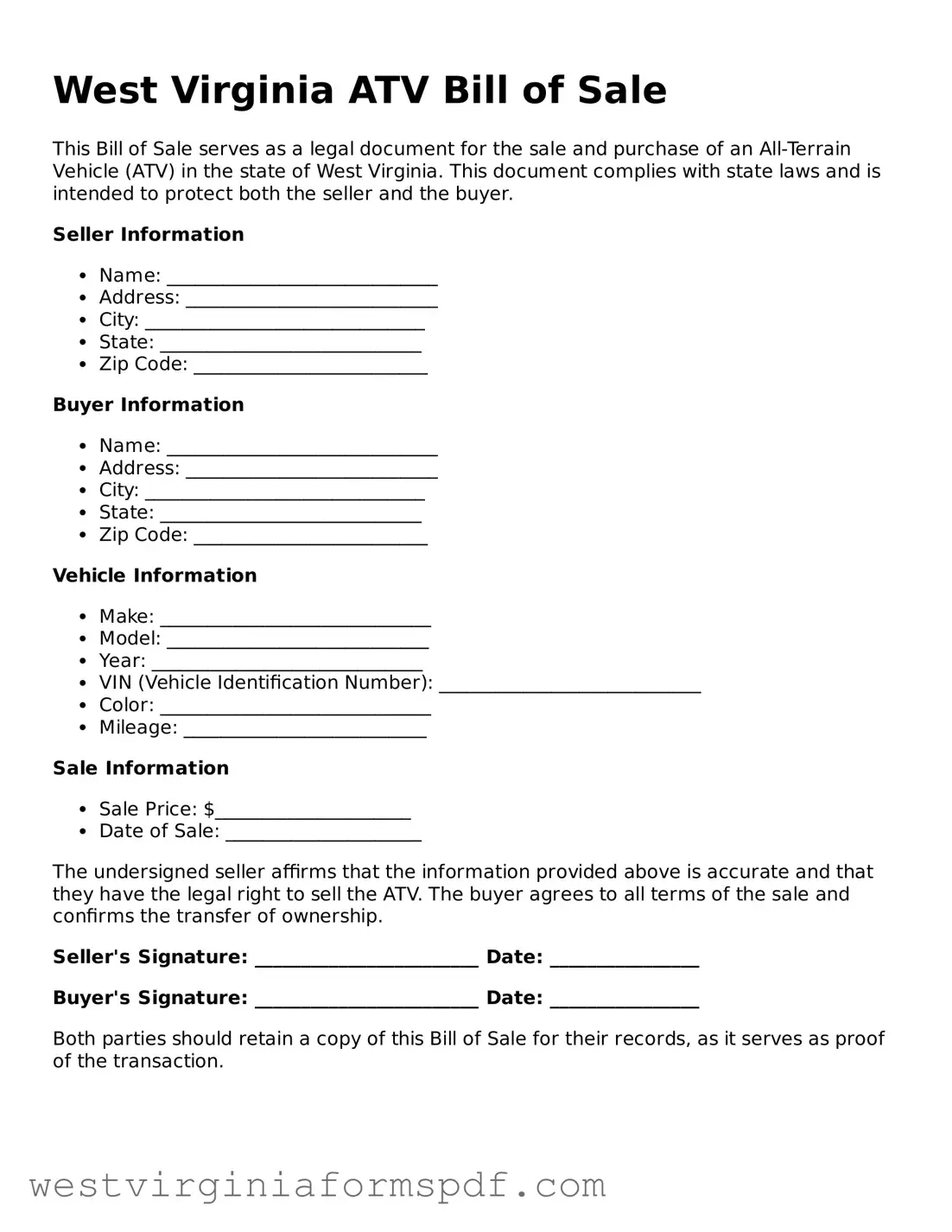 Valid ATV Bill of Sale Template for West Virginia State