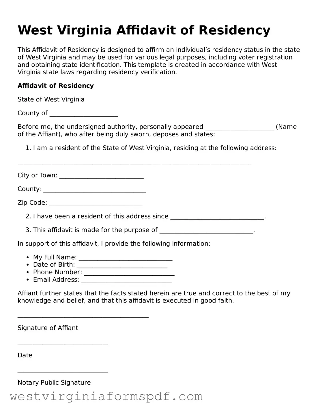 Valid Affidavit of Residency Template for West Virginia State