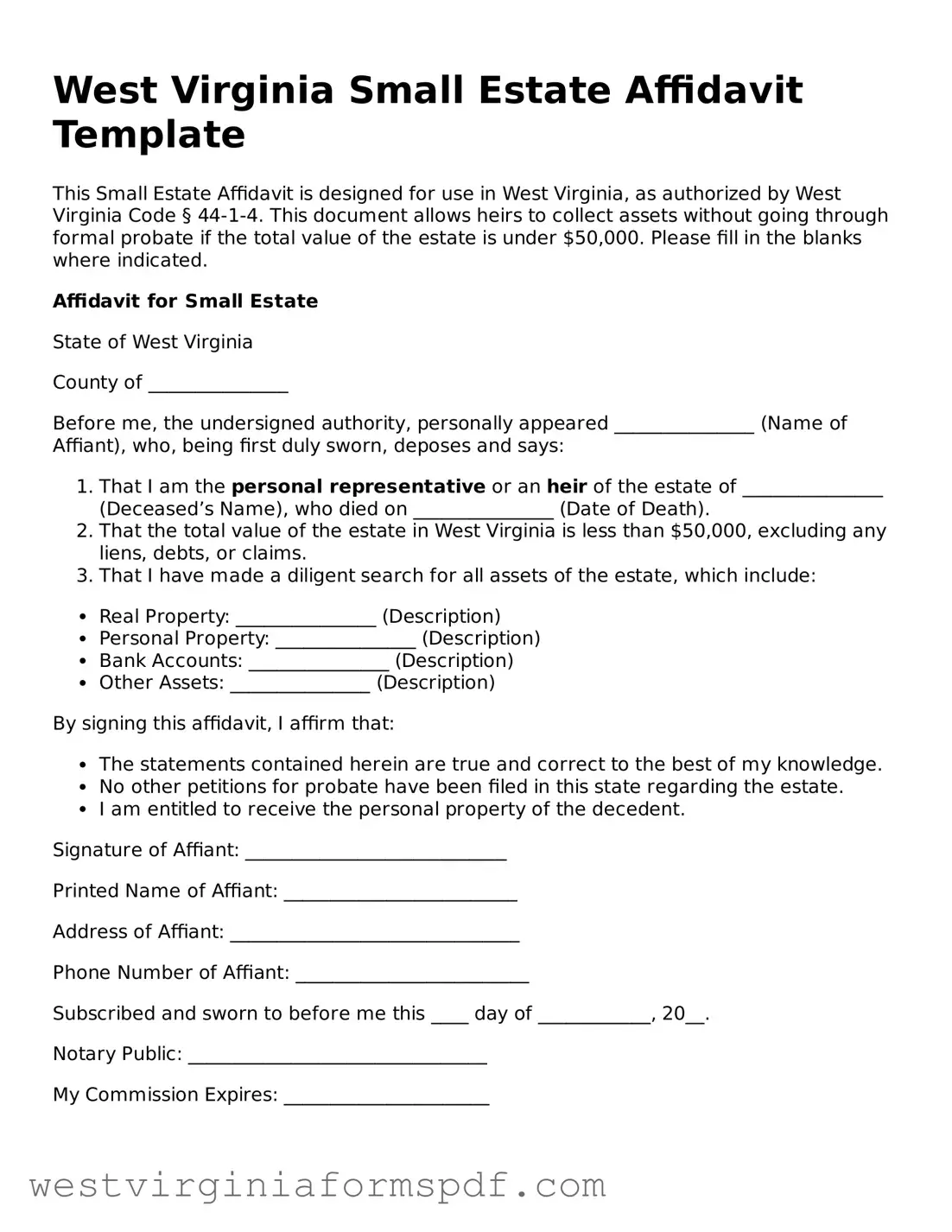 Valid Small Estate Affidavit Template for West Virginia State