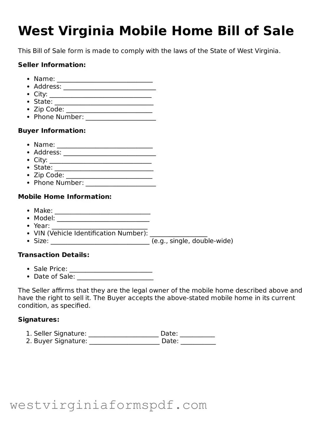 Valid Mobile Home Bill of Sale Template for West Virginia State