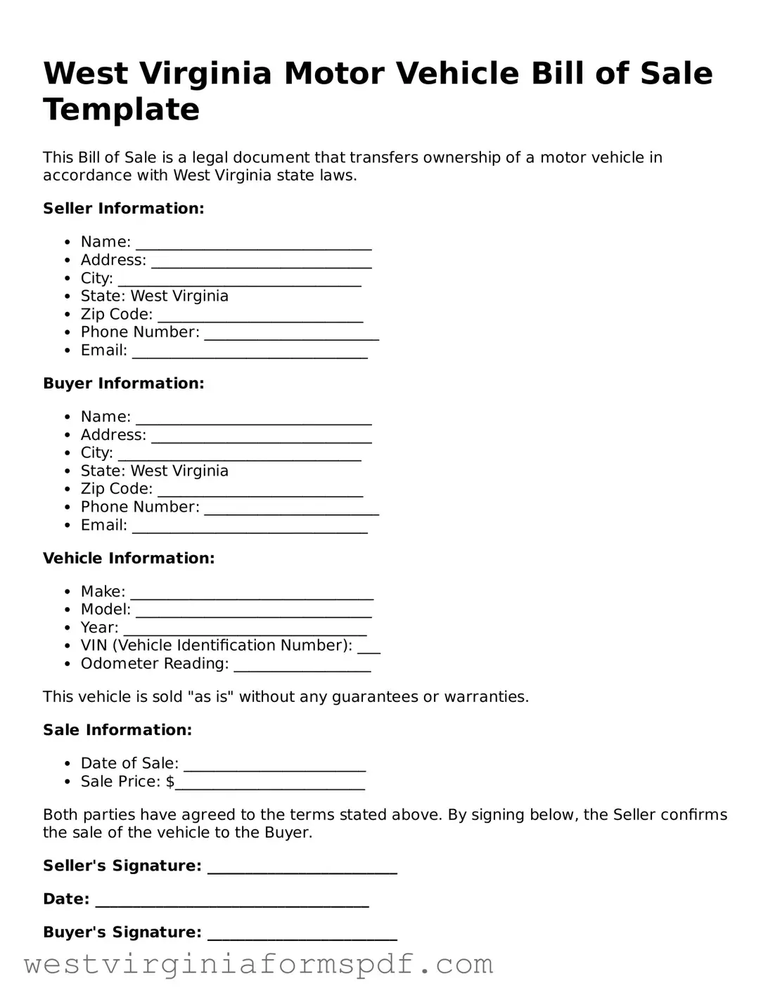 Valid Motor Vehicle Bill of Sale Template for West Virginia State