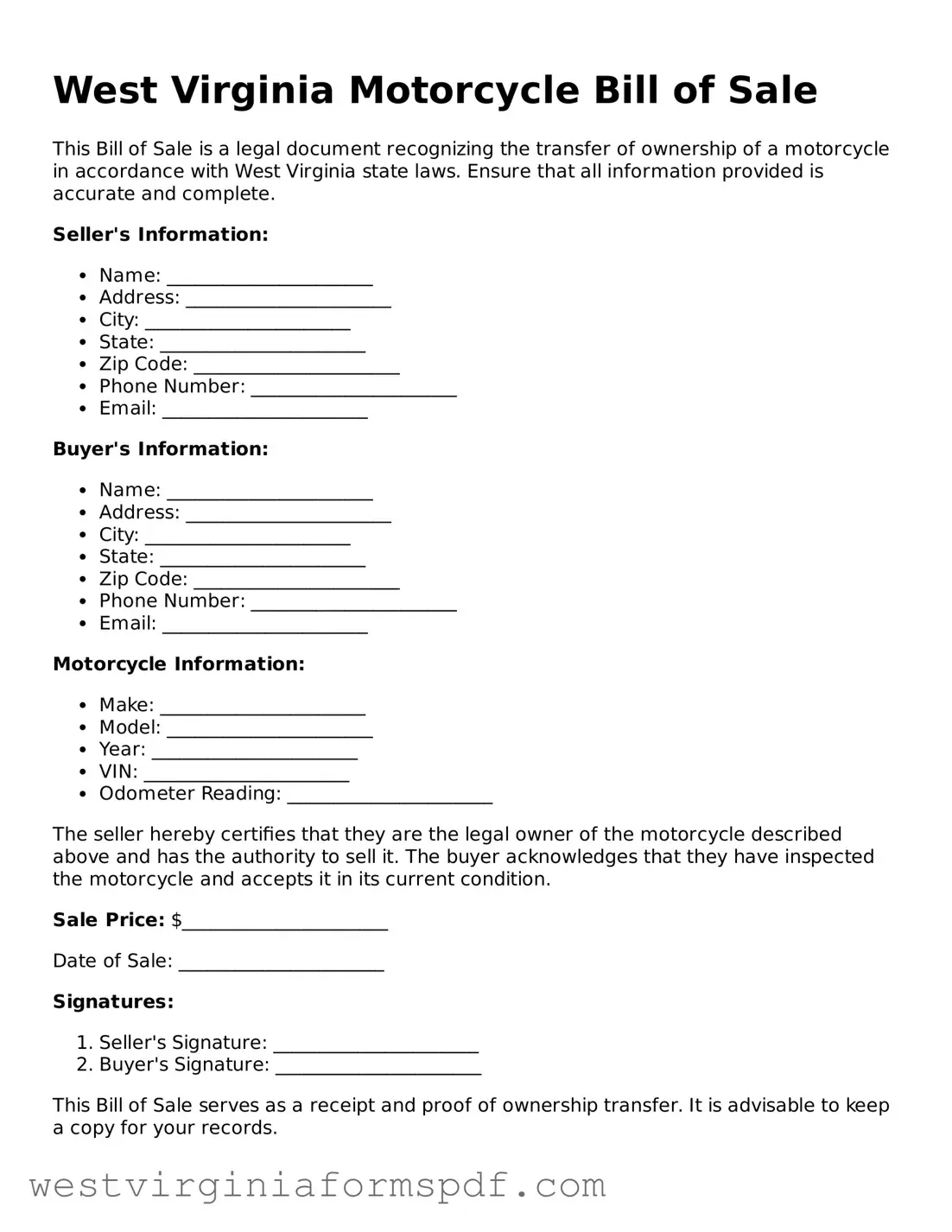 Valid Motorcycle Bill of Sale Template for West Virginia State
