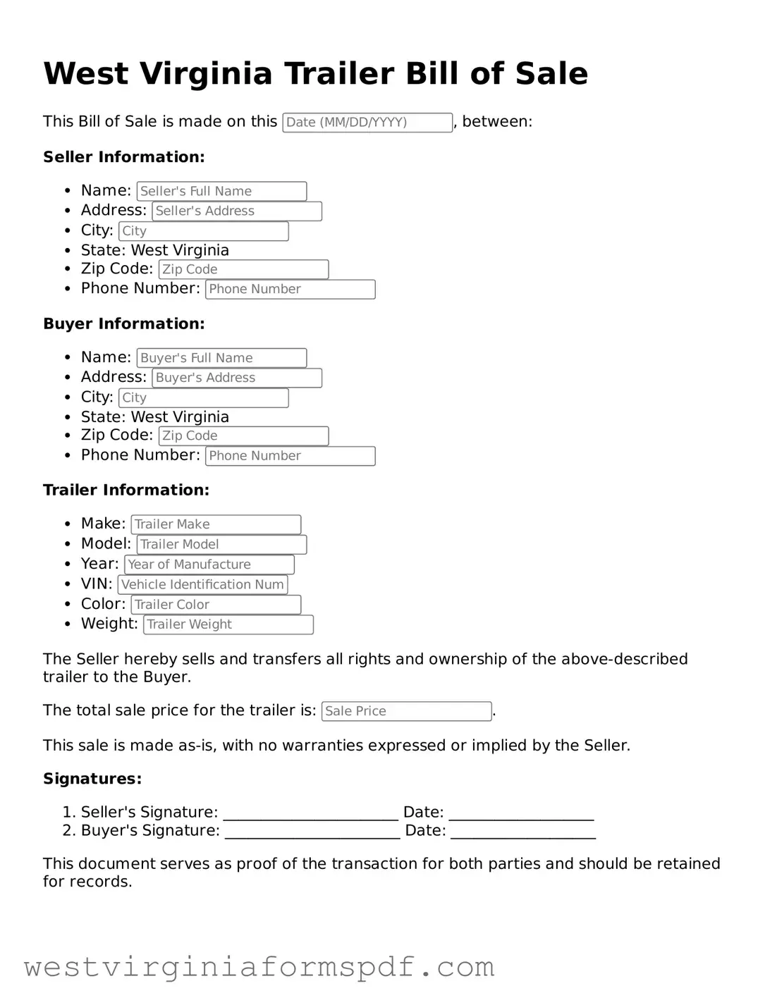 Valid Trailer Bill of Sale Template for West Virginia State