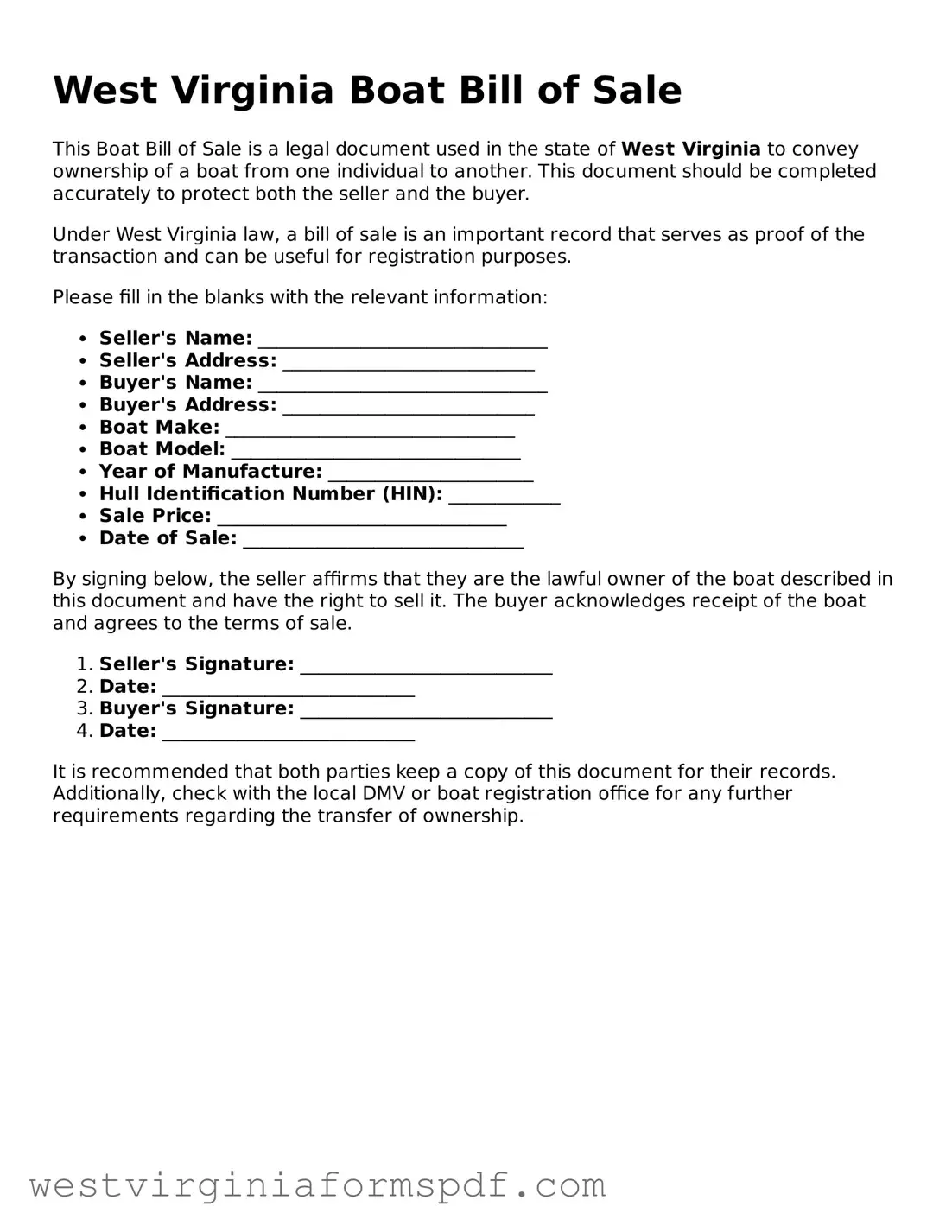 Valid Boat Bill of Sale Template for West Virginia State