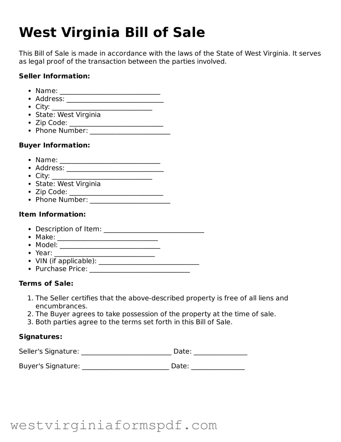 Valid Bill of Sale Template for West Virginia State