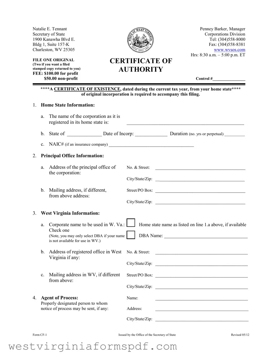 Blank West Virginia Cf 1 PDF Template