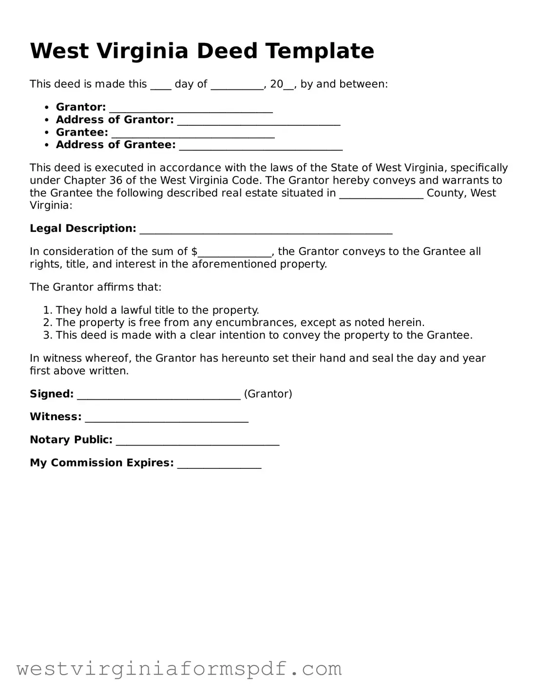 Valid Deed Template for West Virginia State