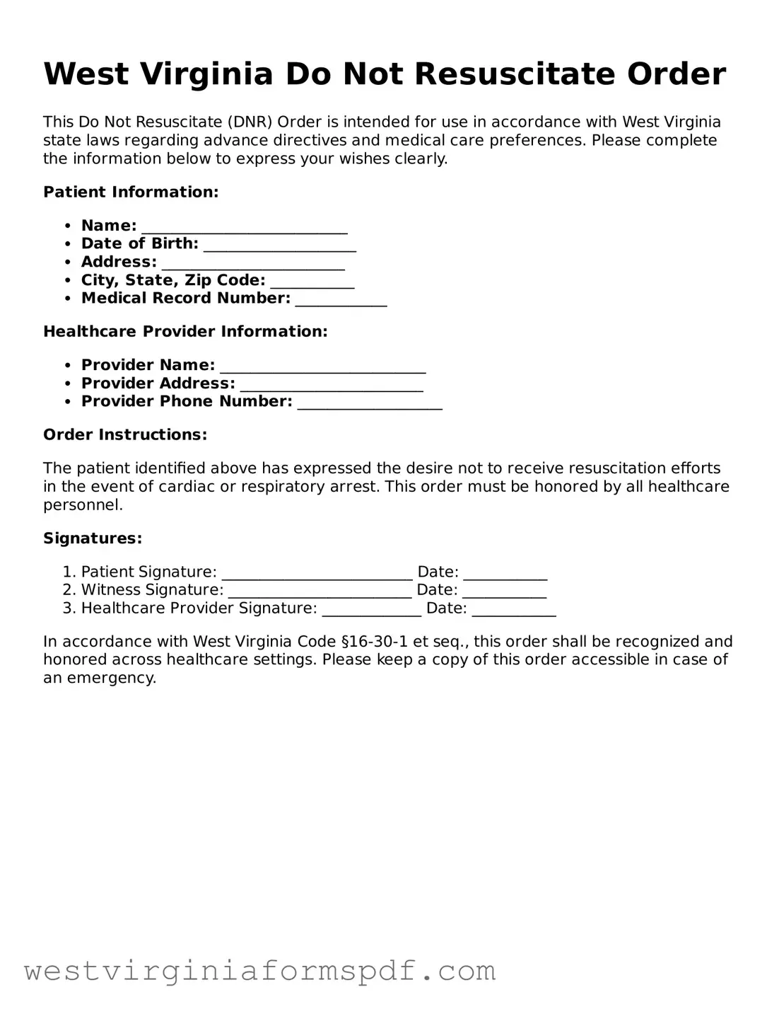 Valid Do Not Resuscitate Order Template for West Virginia State