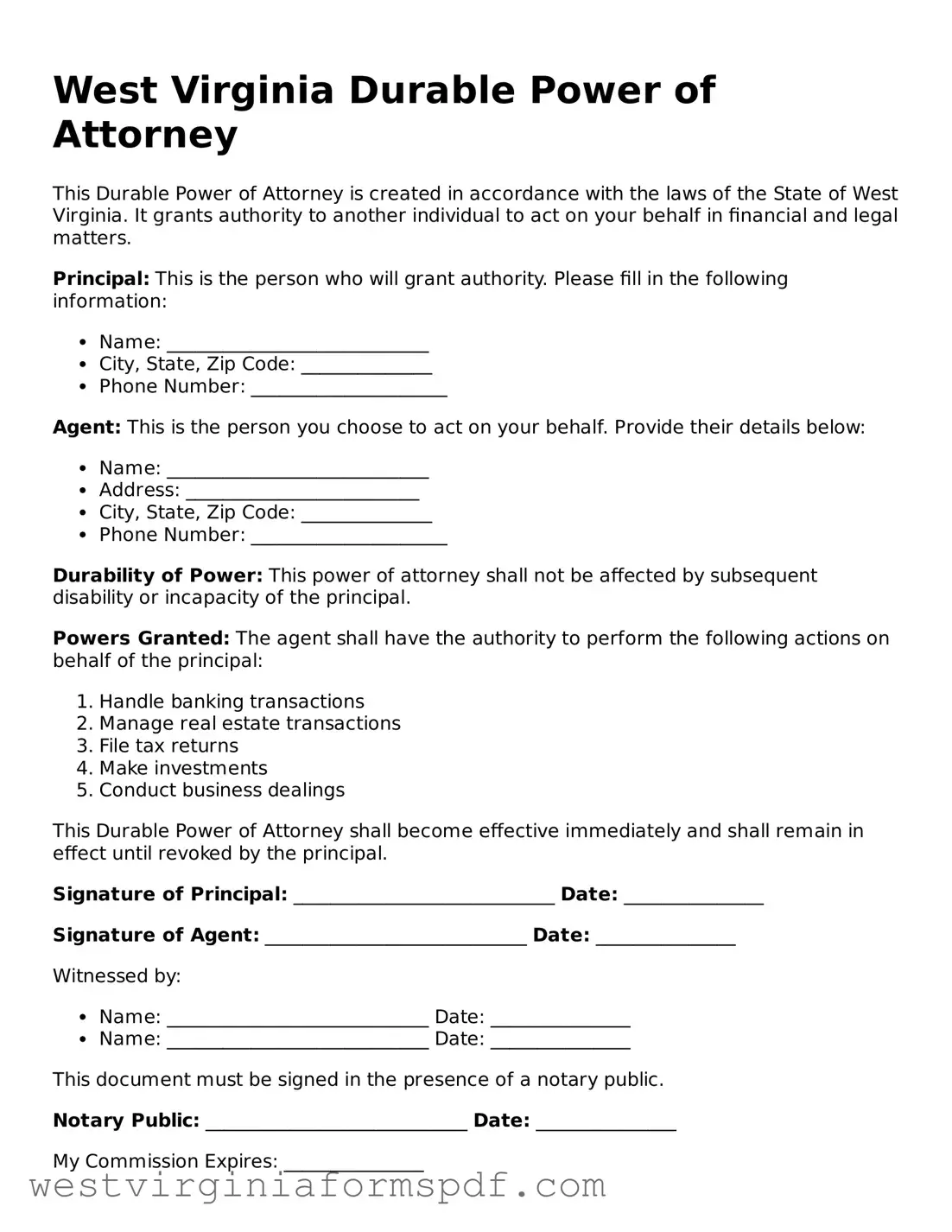 Valid Durable Power of Attorney Template for West Virginia State