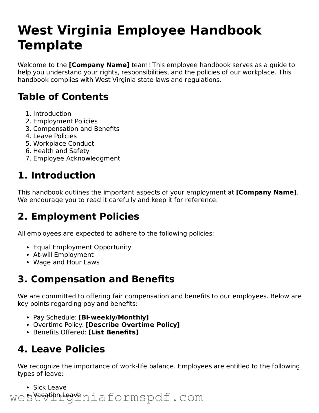 Valid Employee Handbook Template for West Virginia State