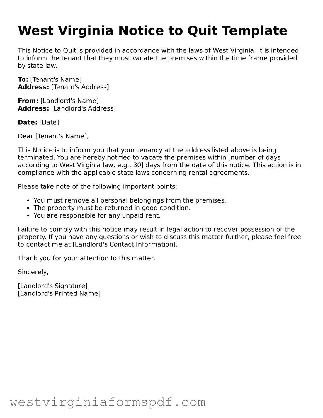 Valid Notice to Quit Template for West Virginia State
