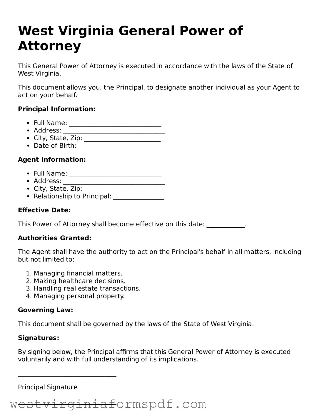 Valid General Power of Attorney Template for West Virginia State