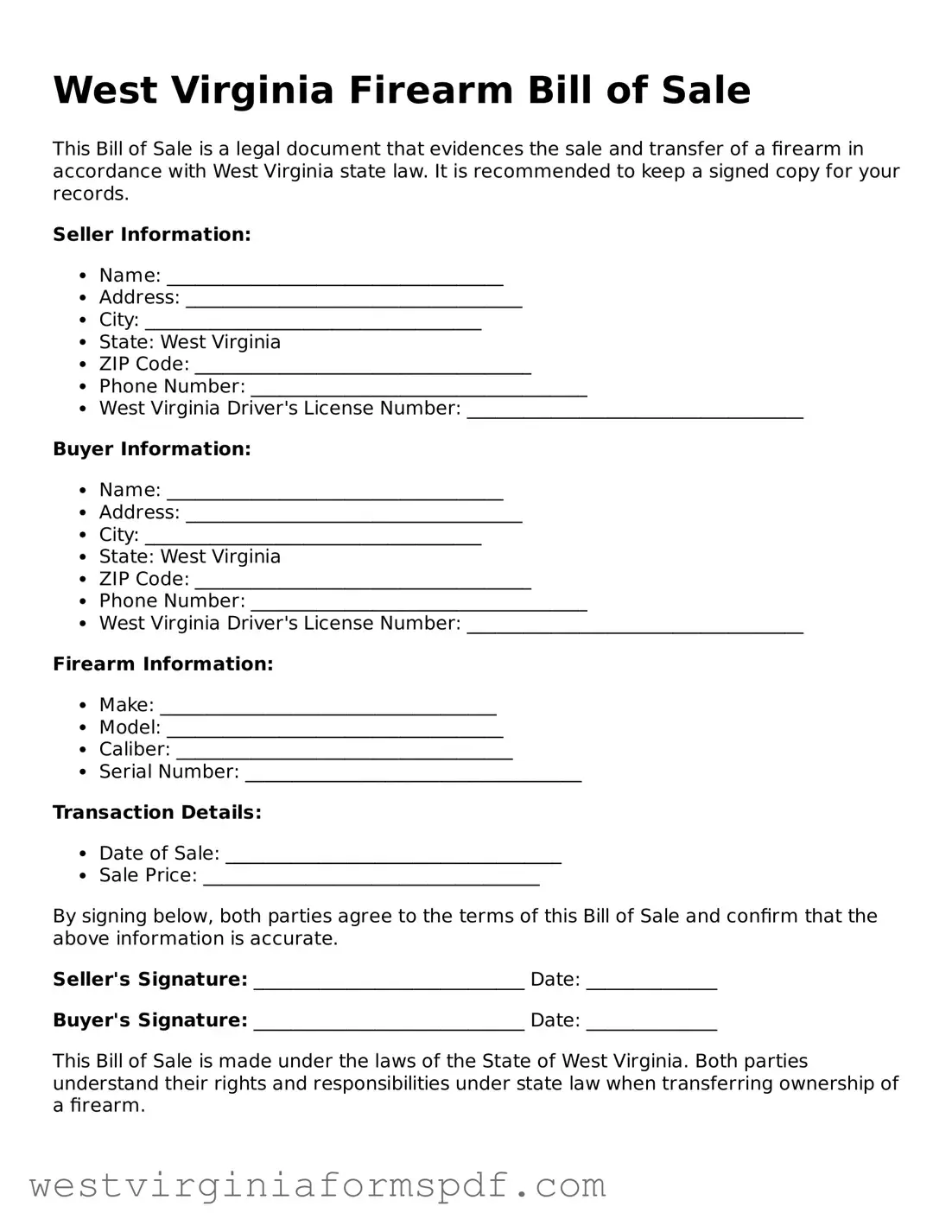 Valid Firearm Bill of Sale Template for West Virginia State