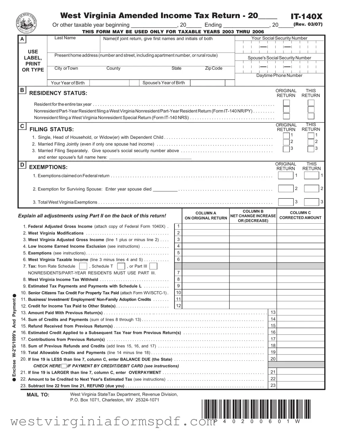 Blank West Virginia It 140X PDF Template