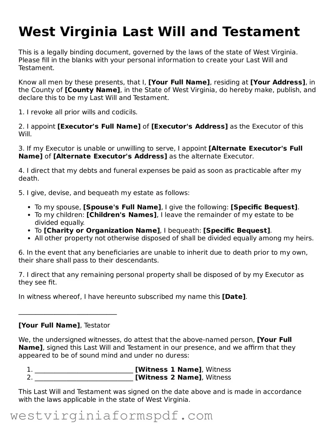 Valid Last Will and Testament Template for West Virginia State
