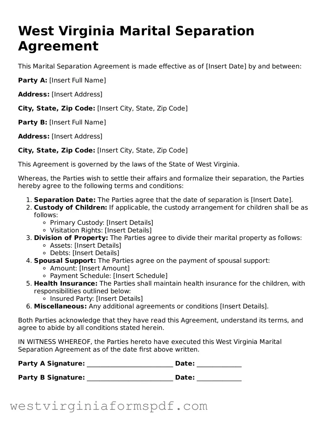 Valid Marital Separation Agreement Template for West Virginia State