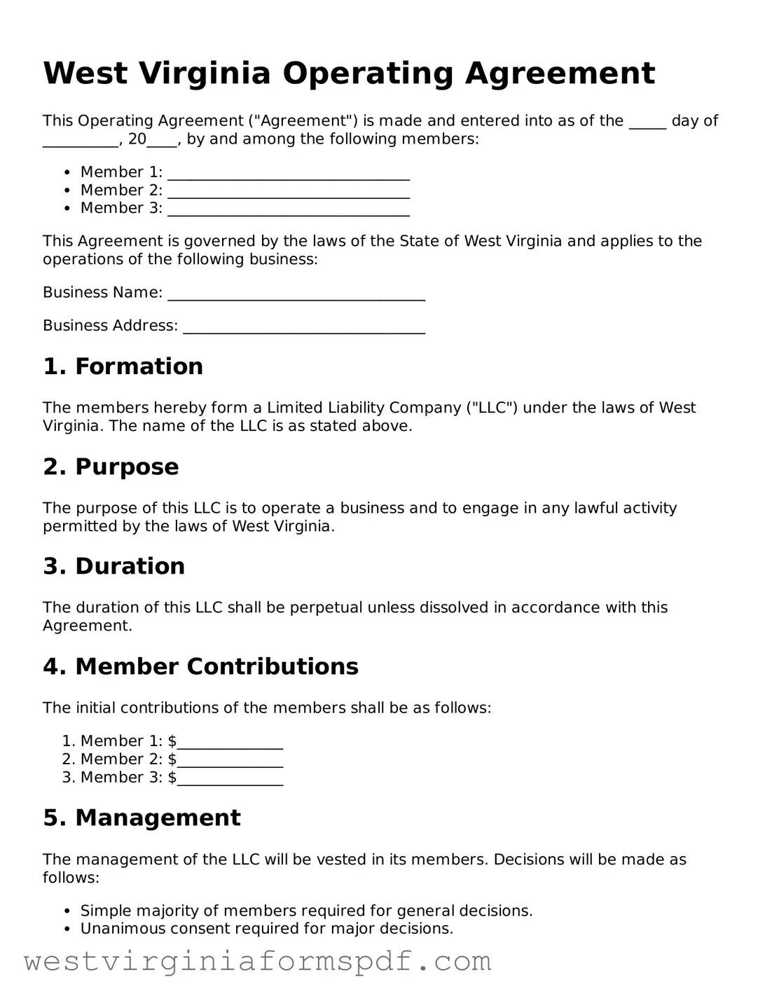 Valid Operating Agreement Template for West Virginia State