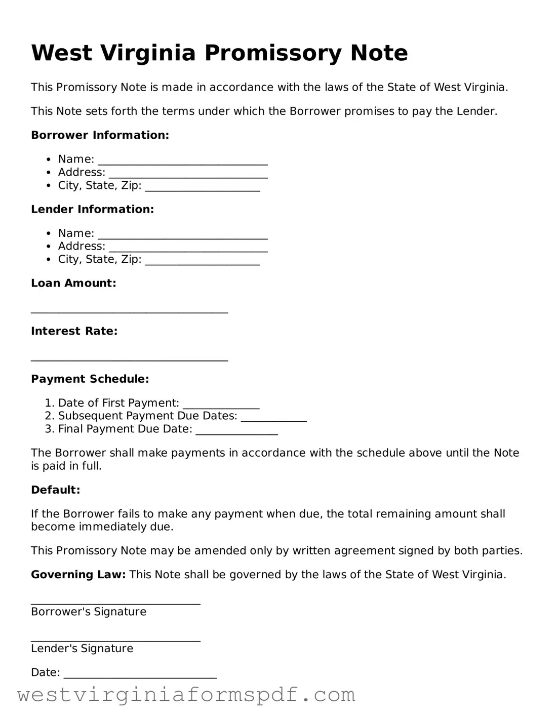 Valid Promissory Note Template for West Virginia State