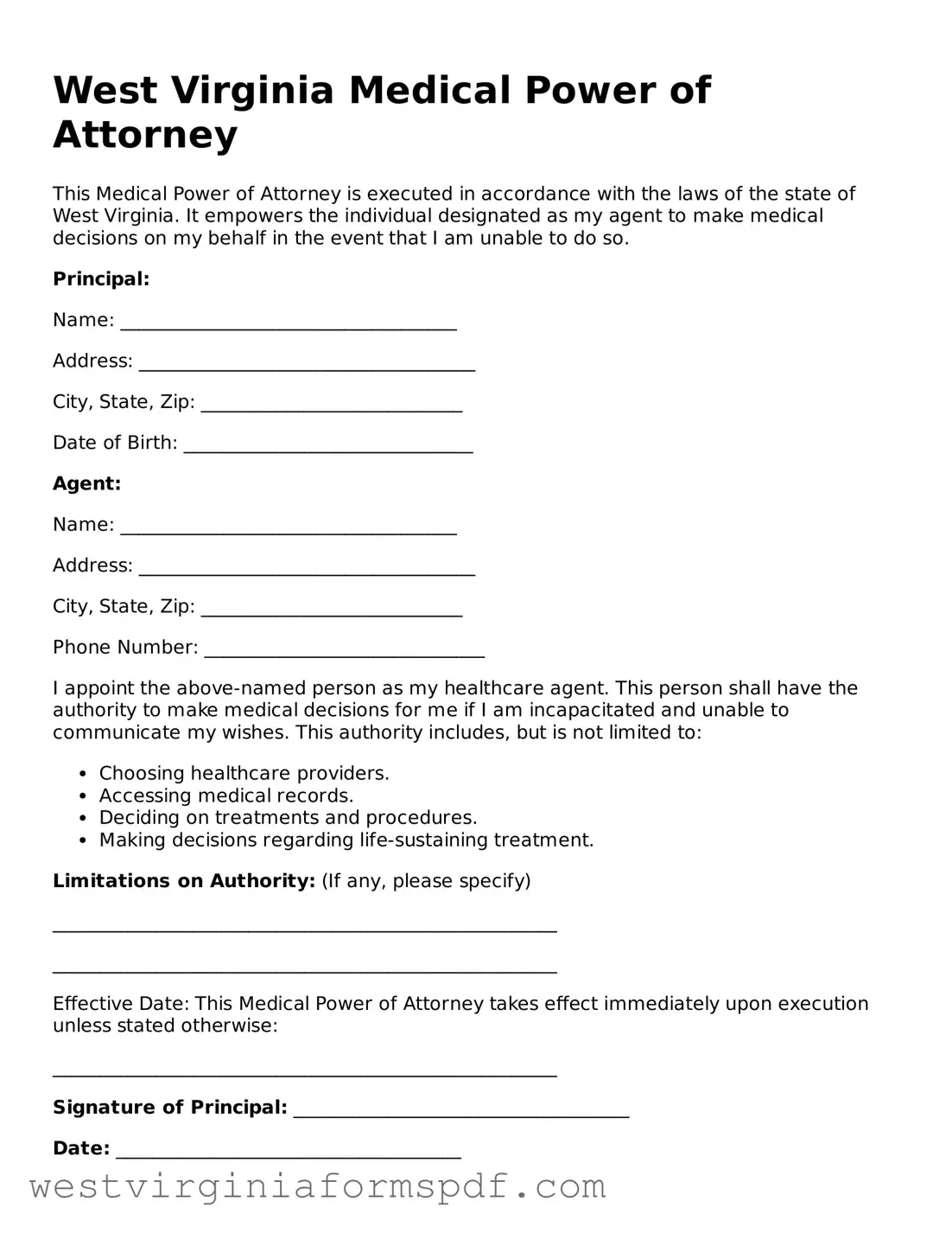 Valid Medical Power of Attorney Template for West Virginia State