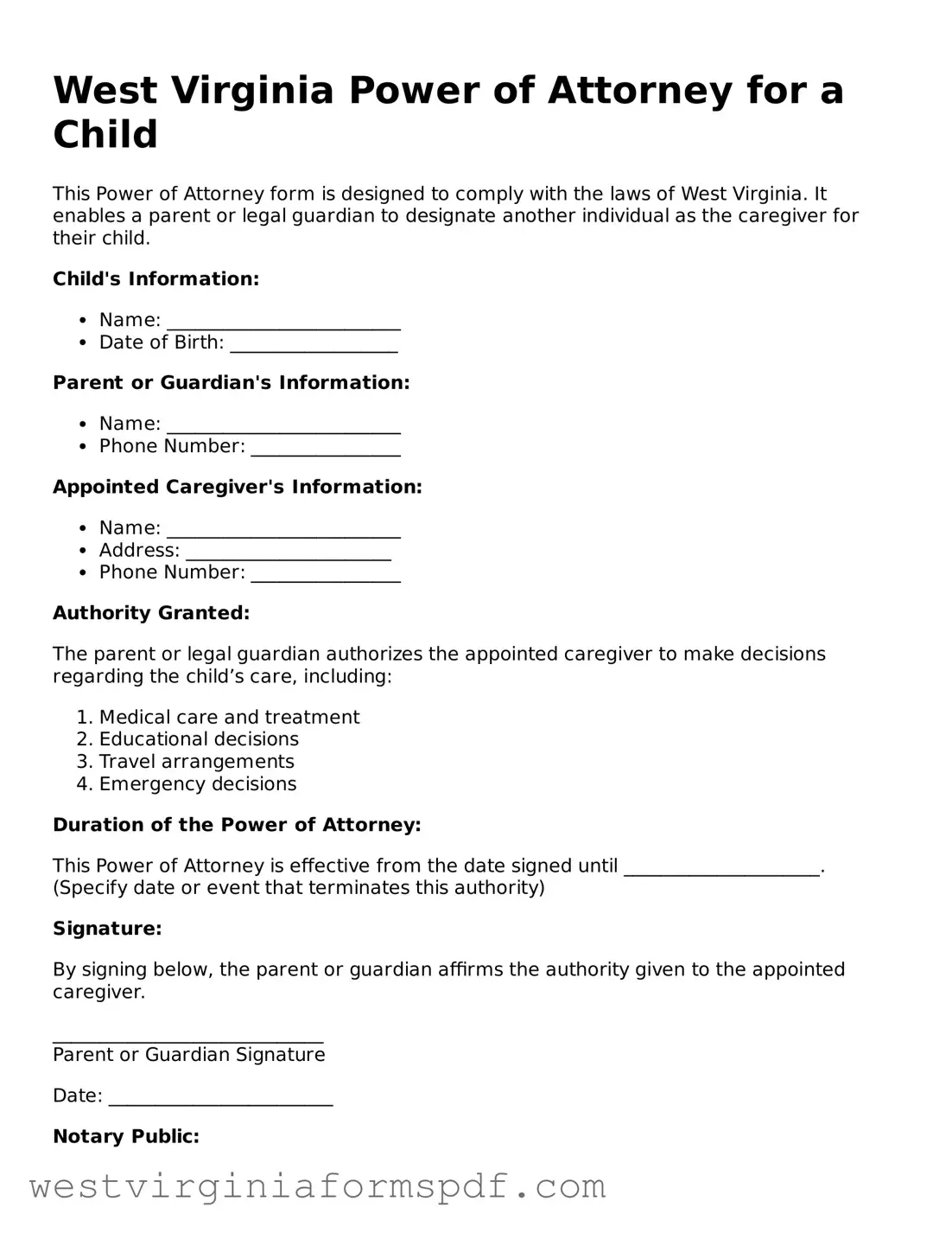 Valid Power of Attorney for a Child Template for West Virginia State