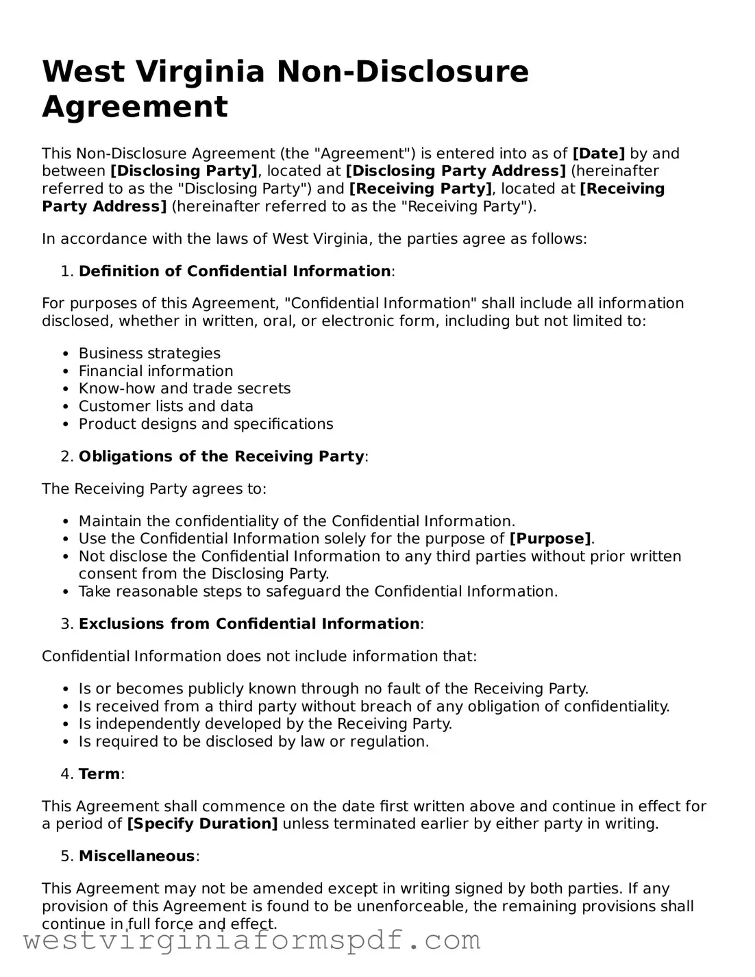 Valid Non-disclosure Agreement Template for West Virginia State