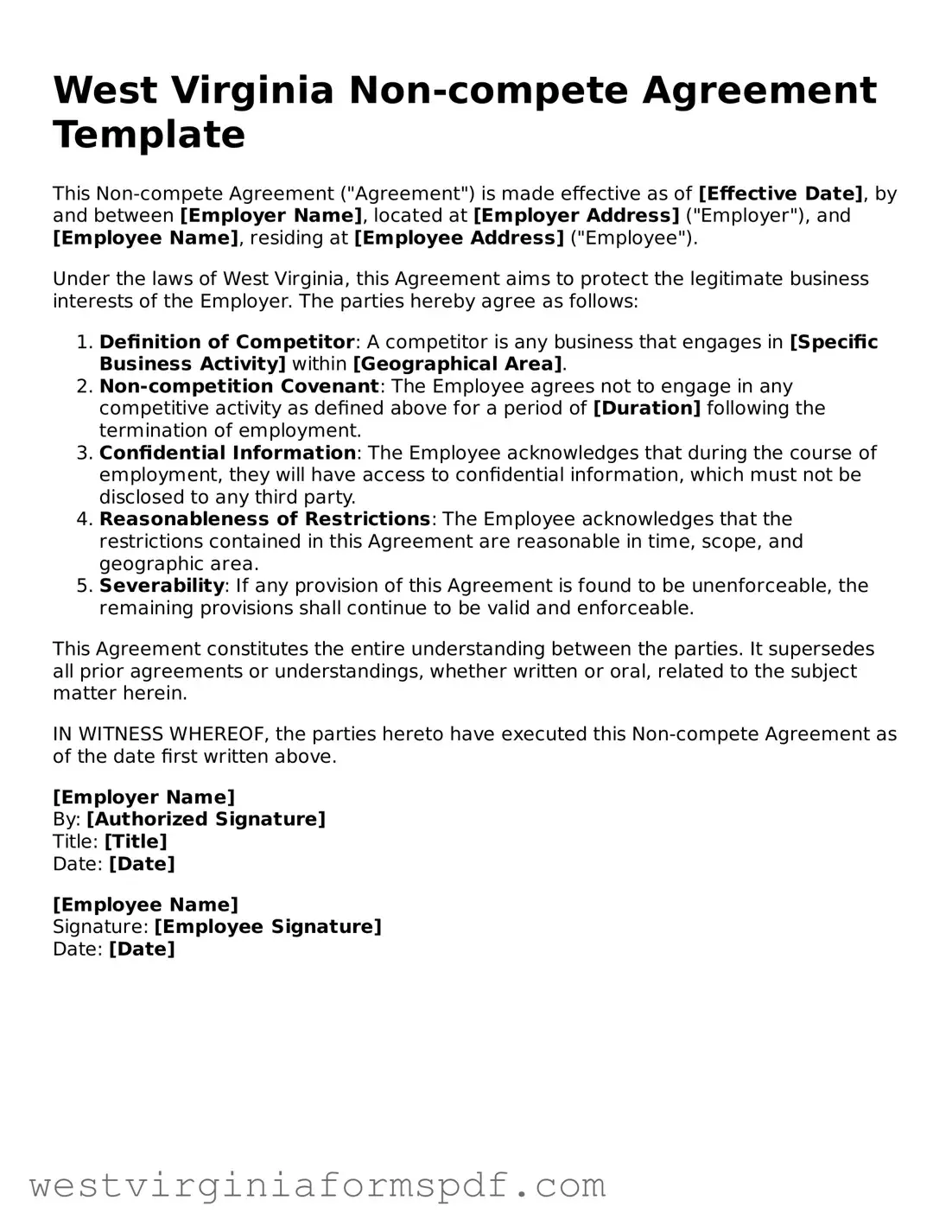 Valid Non-compete Agreement Template for West Virginia State