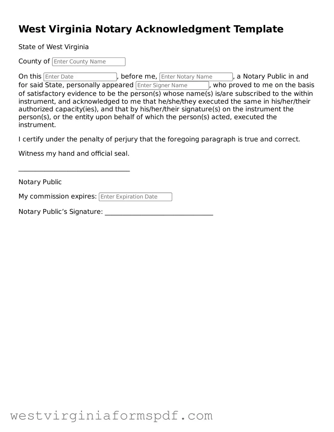 Valid Notary Acknowledgement Template for West Virginia State