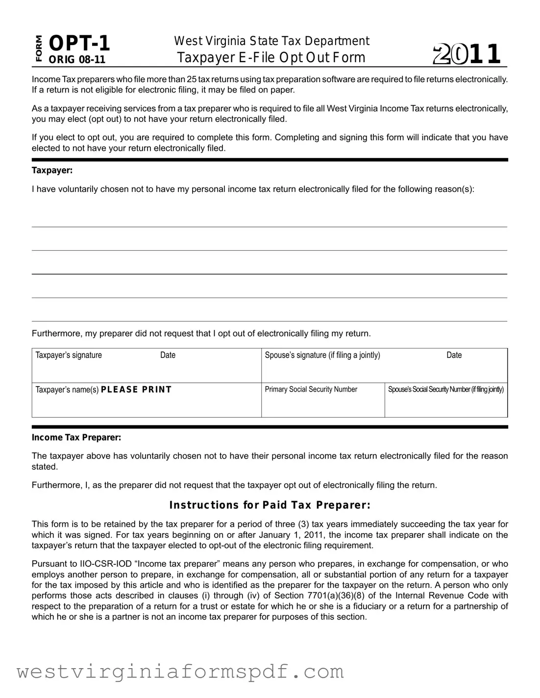 Blank West Virginia Opt 1 PDF Template