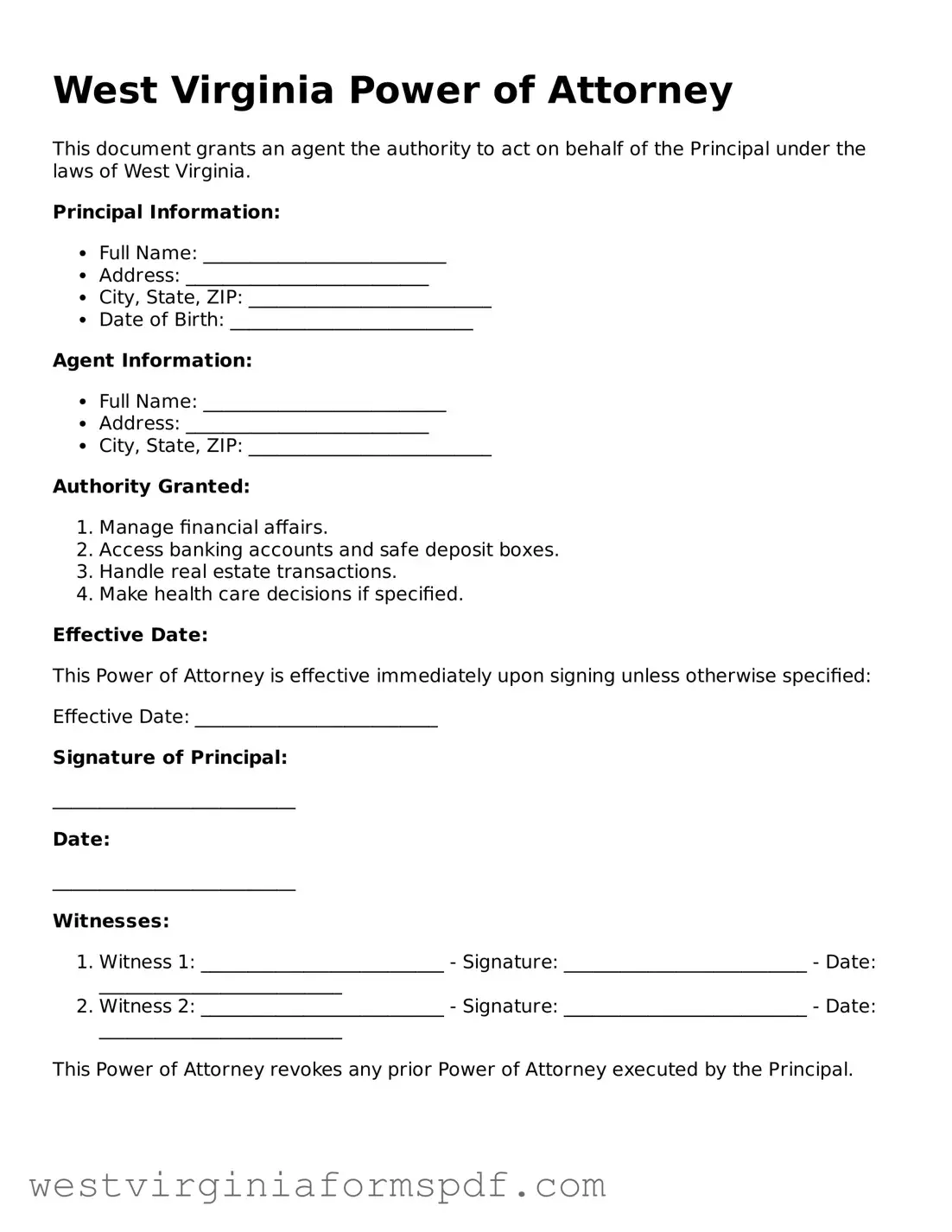 Valid Power of Attorney Template for West Virginia State