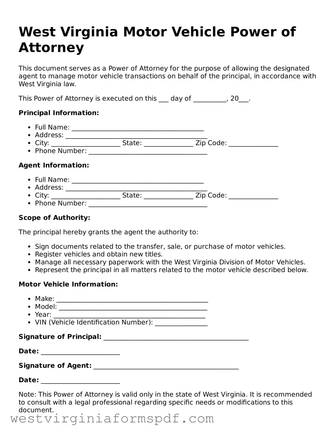 Valid Motor Vehicle Power of Attorney Template for West Virginia State