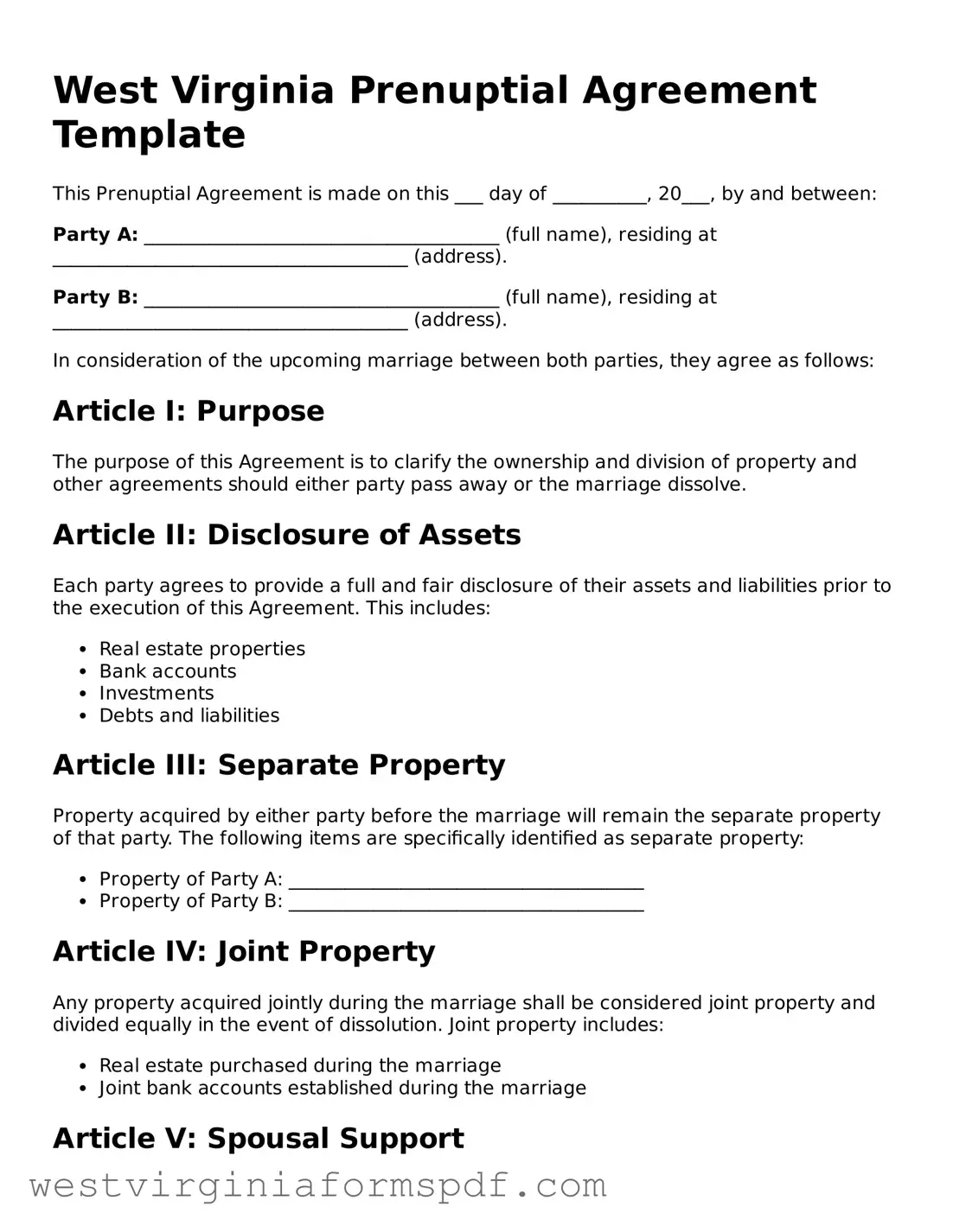 Valid Prenuptial Agreement Template for West Virginia State