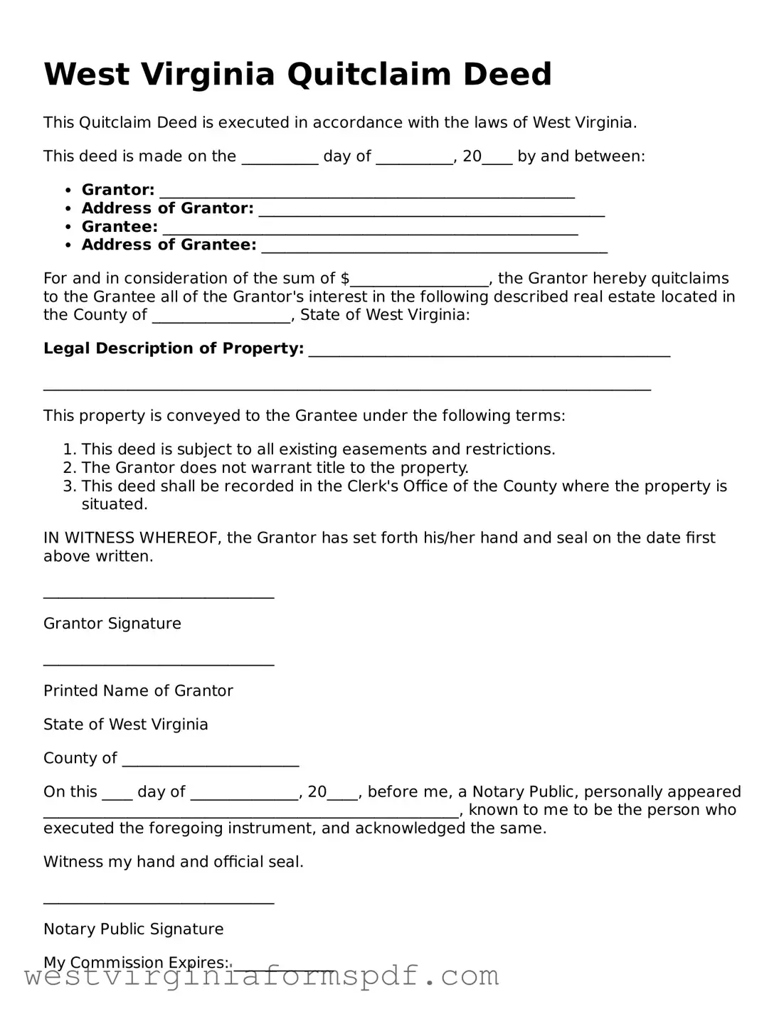 Valid Quitclaim Deed Template for West Virginia State