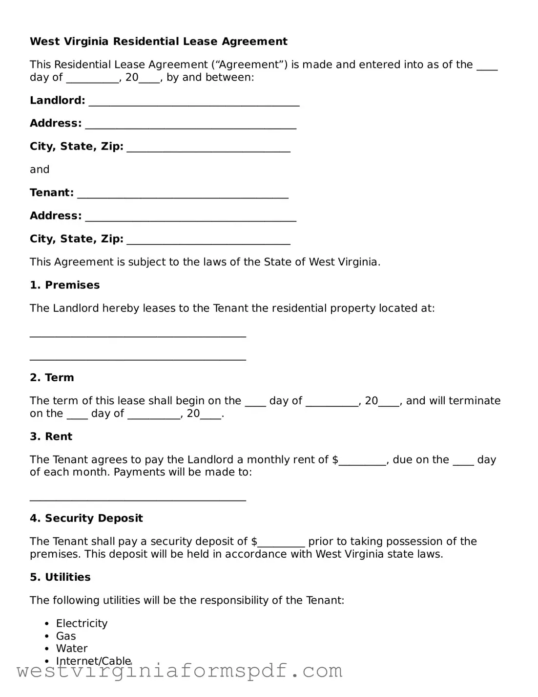 Valid Lease Agreement Template for West Virginia State