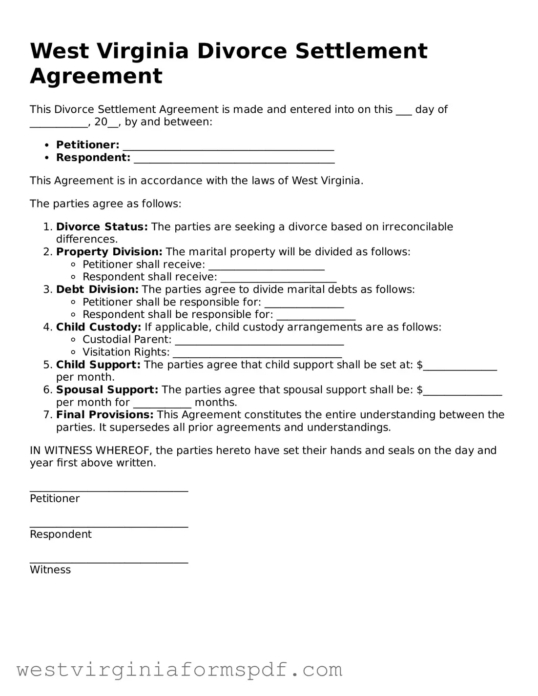 Valid Divorce Settlement Agreement Template for West Virginia State