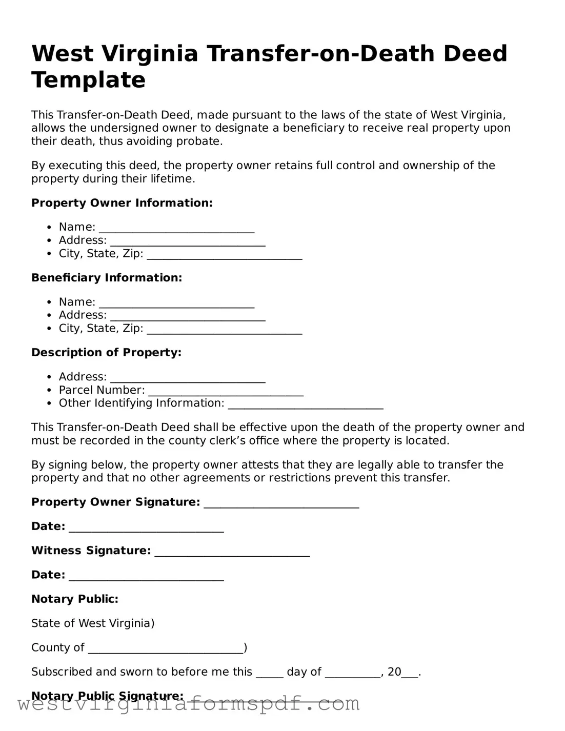 Valid Transfer-on-Death Deed Template for West Virginia State