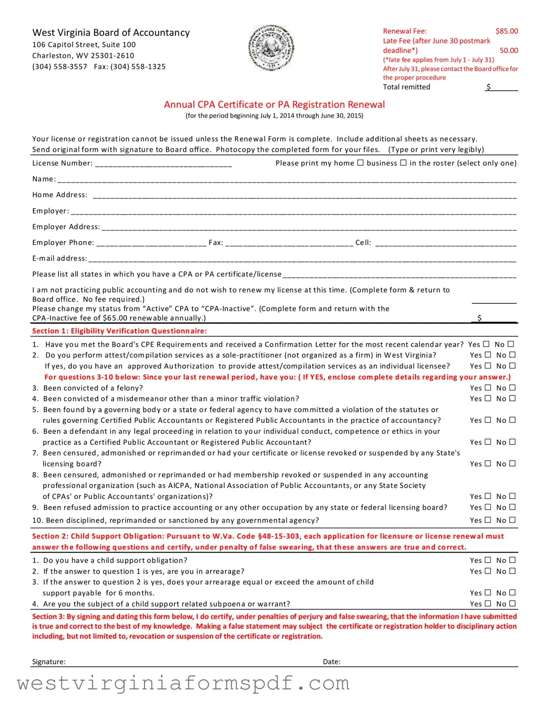 Blank Wv Cpa Renewal PDF Template