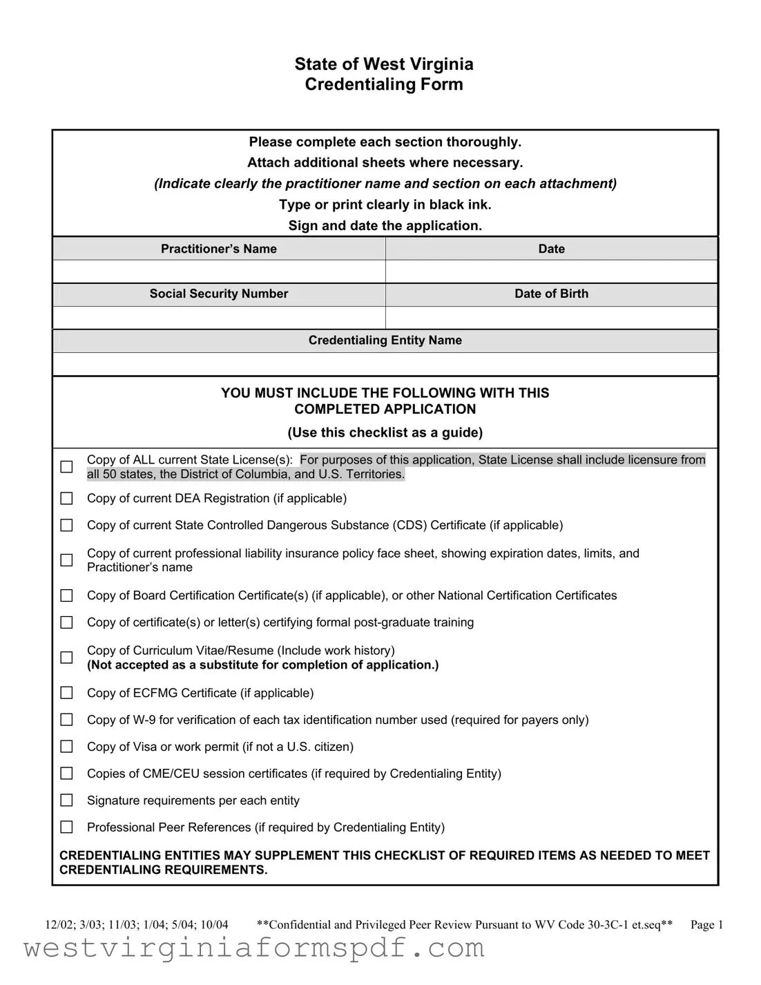 Blank Wv Credentialing PDF Template
