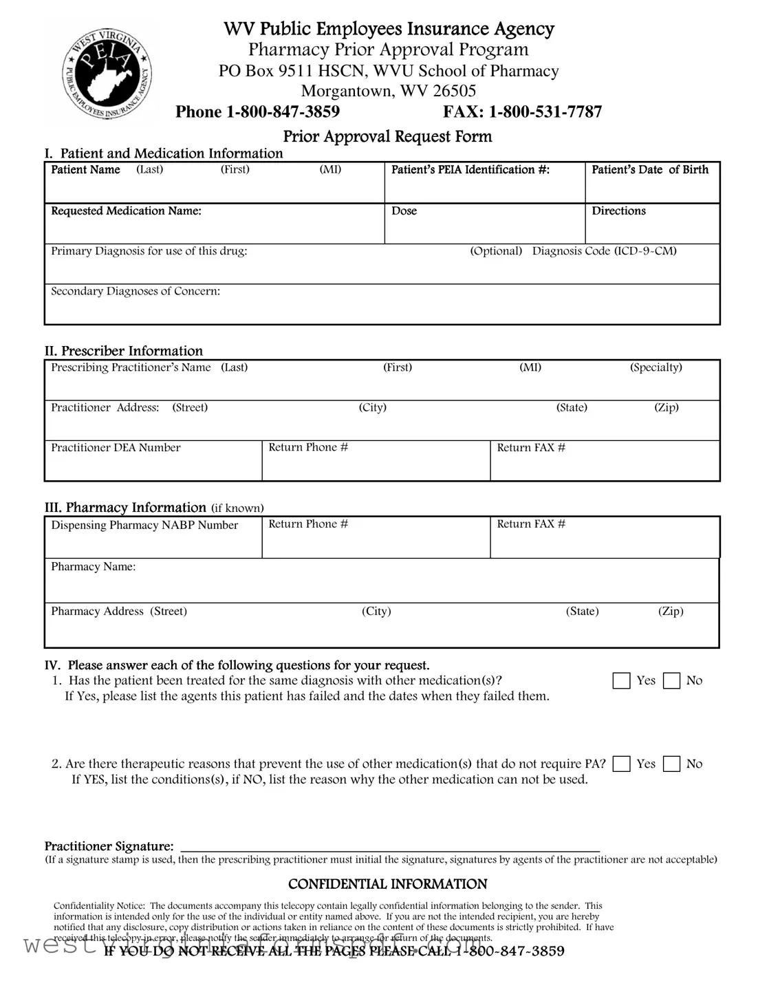 Blank Wv Peia Prior Authorization PDF Template